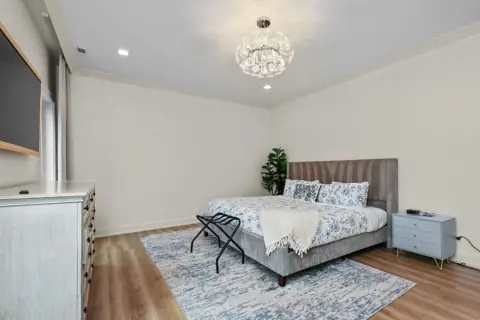 Bedroom with patterned linens